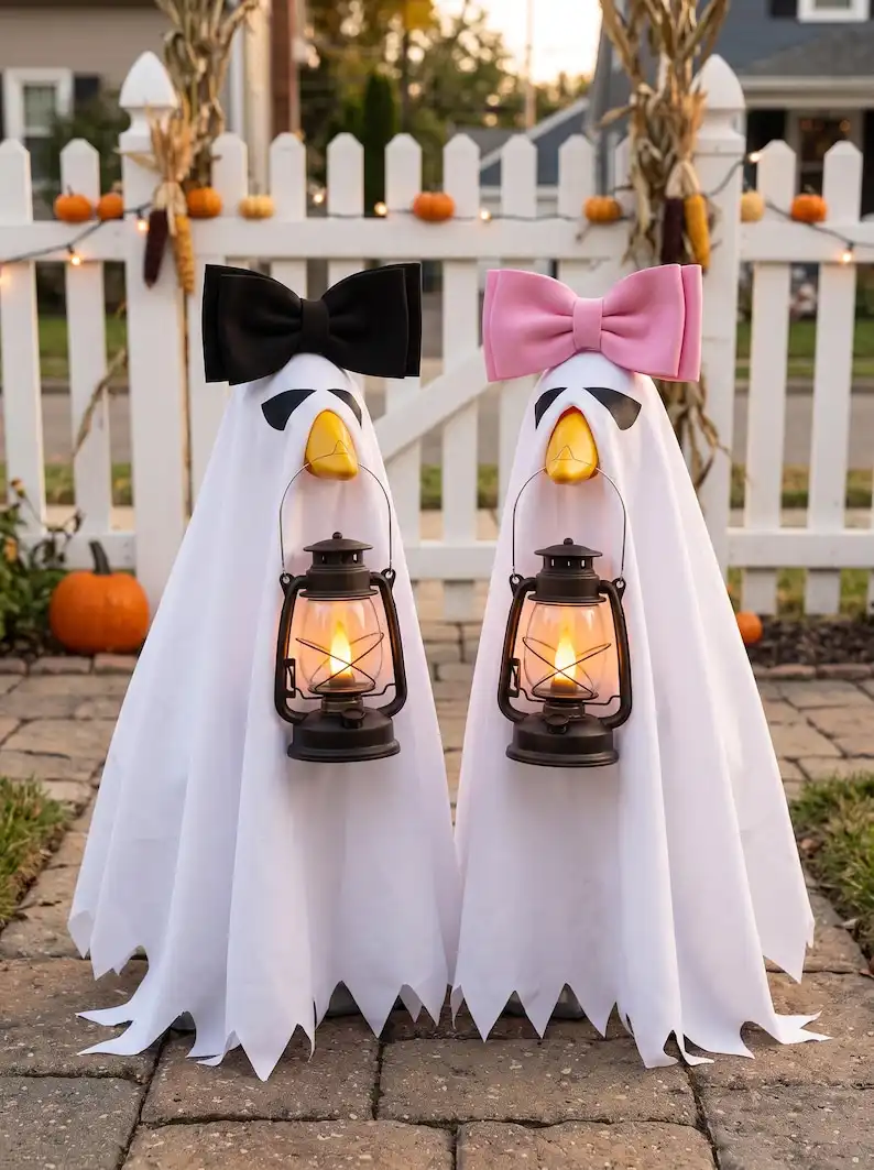 23 Inch Porch Goose Halloween Costume, Ghost Cover with Bow & LED Lantern, Outdoor Fall Decor