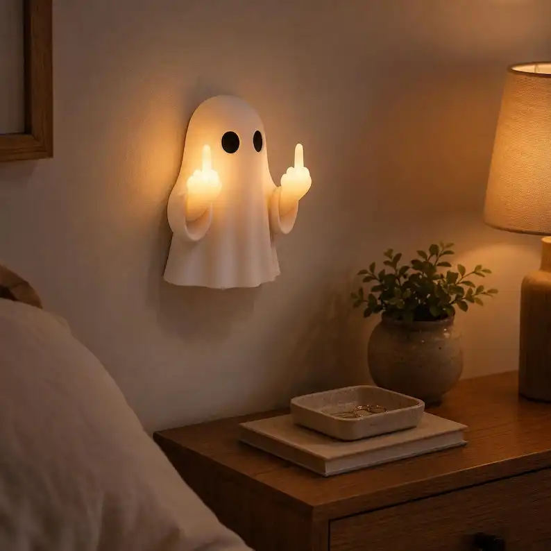 Funny Middle Finger Ghost LED Lamp, Cute Rude Halloween Ghost Decor, Cheeky Light Up Desk Ornament, Spooky Gift