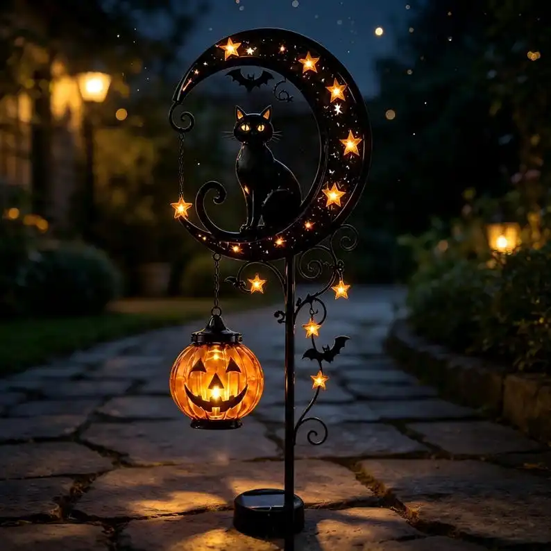 Halloween Solar Garden Stake Light, Black Cat Crescent Moon Pumpkin Lantern, Metal Outdoor Yard Decor
