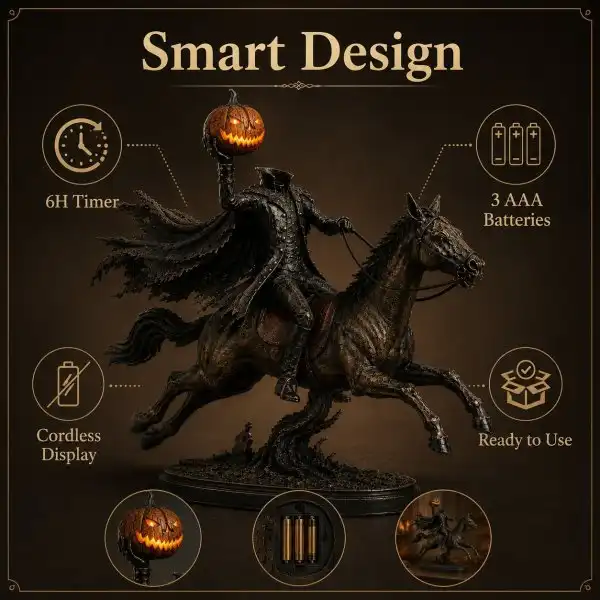 Headless Horseman Halloween Statue, Pumpkin Rider Horse Figurine, Gothic Tabletop Decor, Spooky Fall Home Accent