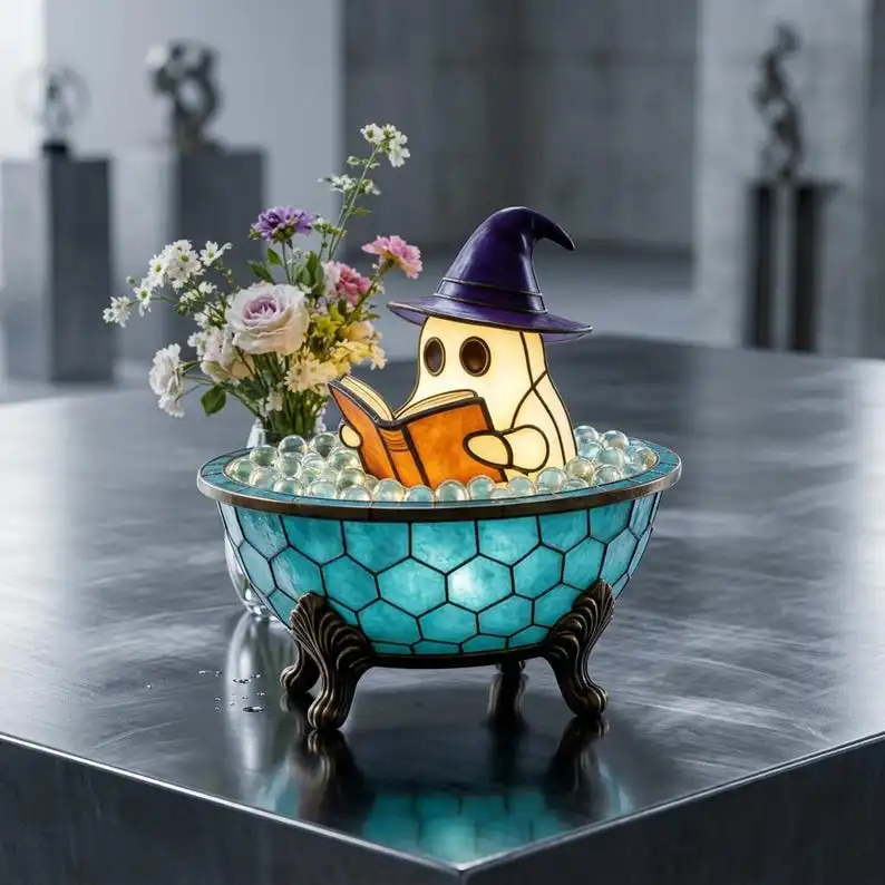 Halloween Ghost Witch Bath Lamp, Stained Glass Style Night Light, Spooky Wizard Ghost Decor, Fall Gift