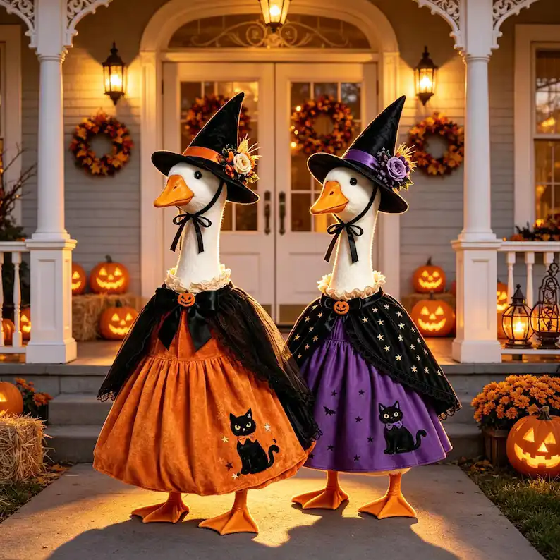 Halloween Witch Goose Costume for 23 Inch Goose Statue, Fall Witch Outfit, Farmhouse Porch Goose Clothing